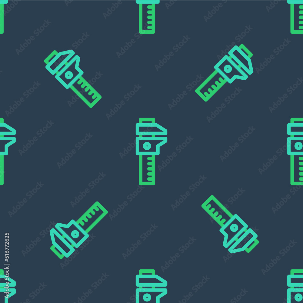 Poster line calliper or caliper and scale icon isolated seamless pattern on blue background. precision meas