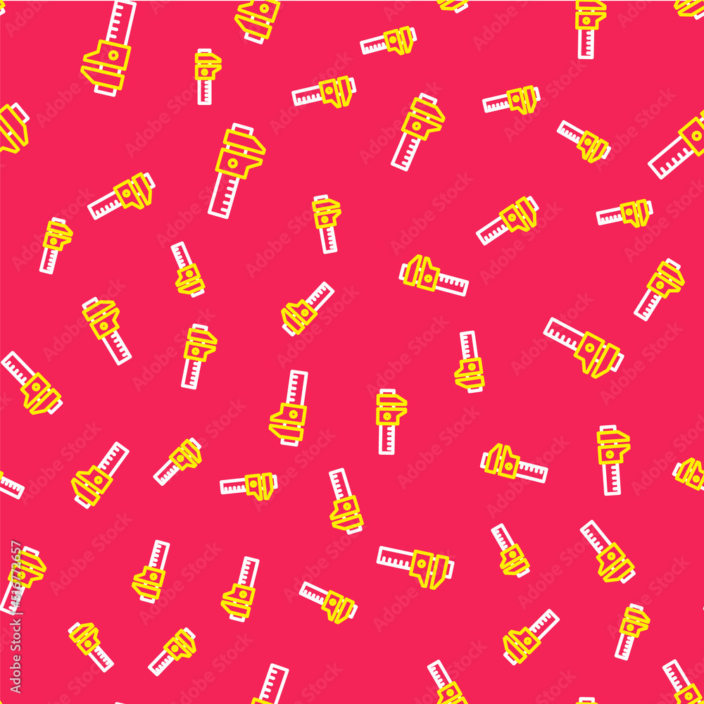 Poster line calliper or caliper and scale icon isolated seamless pattern on red background. precision measu