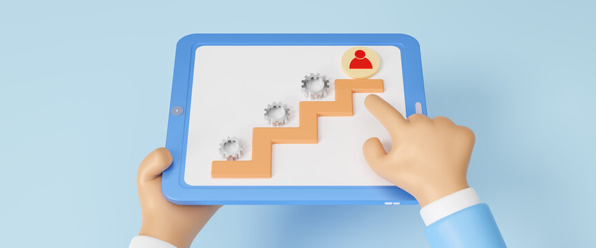 Skill levels growth, Increasing skills level, leveling up and career development with progress stairs concept, skills and professional improvement as upward raising steps, 3d rendering illustration