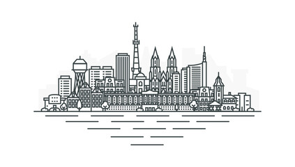 Fototapeta premium Mykolaiv city, Ukraine architecture line skyline illustration. Linear vector Nikolaev cityscape with famous landmarks, city sights, design icons. Landscape with editable strokes.