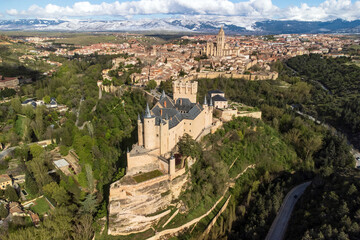 Fototapeta na wymiar Aerial view of Segovia Alcazar, famous landmark in Segovia, Spain. High quality photography. 