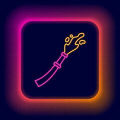Glowing neon line Fire hose reel icon isolated on black background. Colorful outline concept. Vector