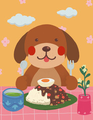Cute dog and japanese rice and curry meal with green tea and flowers vase illustration, hand drawn digital painting rough texture style