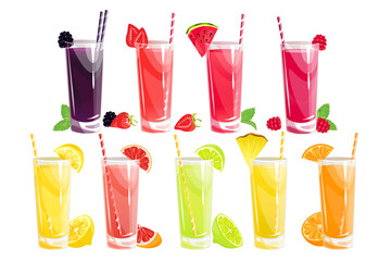 A set of berry and fruit juices.Raspberry, watermelon, strawberry, blackberry, orange, grapefruit, pineapple, etc. juices in tall glasses.Summer refreshing drinks with berries and fruits.