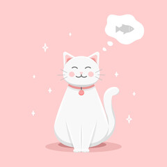 Cute smiling white cat dreaming of eating fish