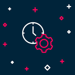 Line Time management icon isolated on blue background. Clock and gear sign. Productivity symbol. Colorful outline concept. Vector