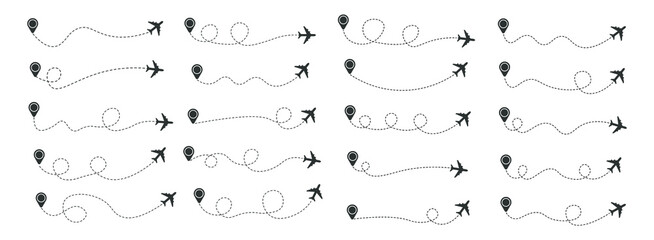 Set of dashed line airplane route