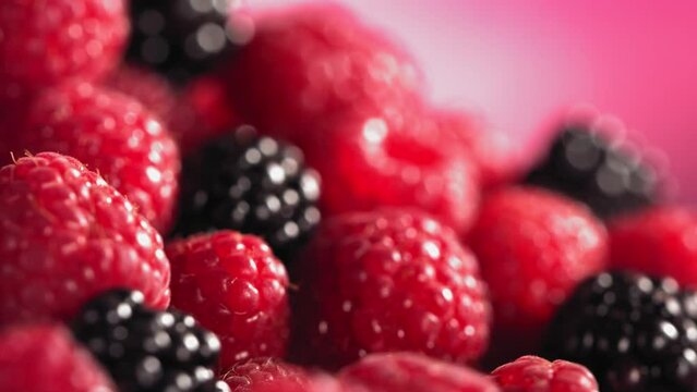 Ripe juicy Raspberry rolling above many Raspberries and Blackberries