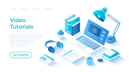 Video tutorials. Distance education E-learning. Online courses, lessons, webinars. Internet studying, training. Isometric illustration. Landing page template for web on white background.