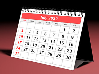 One page of the annual business desk monthly calendar. Date - month July 2022