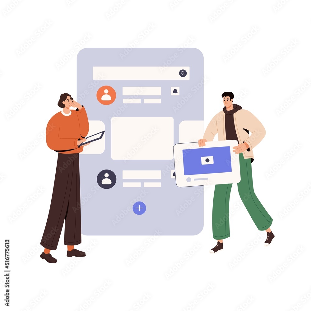 Poster ux ui design concept. designers create and analyze marketing content, mobile app interface. building