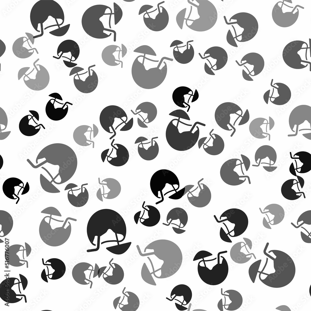 Sticker black coconut juice exotic fresh cocktail and umbrella icon isolated seamless pattern on white backg