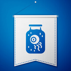 Blue Eye in a jar icon isolated on blue background. Happy Halloween party. White pennant template. Vector