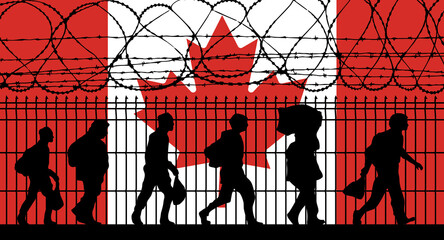 Flag of Canada - Refugees near barbed wire fence. Migrants migrates to other countries. - obrazy, fototapety, plakaty