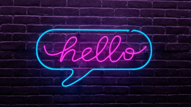 The HELLO neon sign on a brick wall. Welcoming sign made from the neon alphabet.