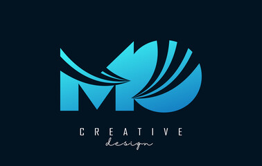 Creative blue letters MO m o logo with leading lines and road concept design. Letters with geometric design.
