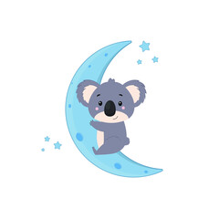 Fototapeta na wymiar Cute koala on a blue moon. Koala on white backgriund. Vector illustration for designs, prints and patterns.