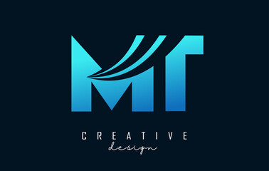 Obraz premium Creative blue letters MT m t logo with leading lines and road concept design. Letters with geometric design.