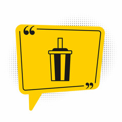 Black Paper glass with drinking straw and water icon isolated on white background. Soda drink glass. Fresh cold beverage symbol. Yellow speech bubble symbol. Vector