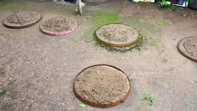 Wine jars with wine fermentation underground in local georgian courtyard in traditional georgian family house in countryside of Georgia