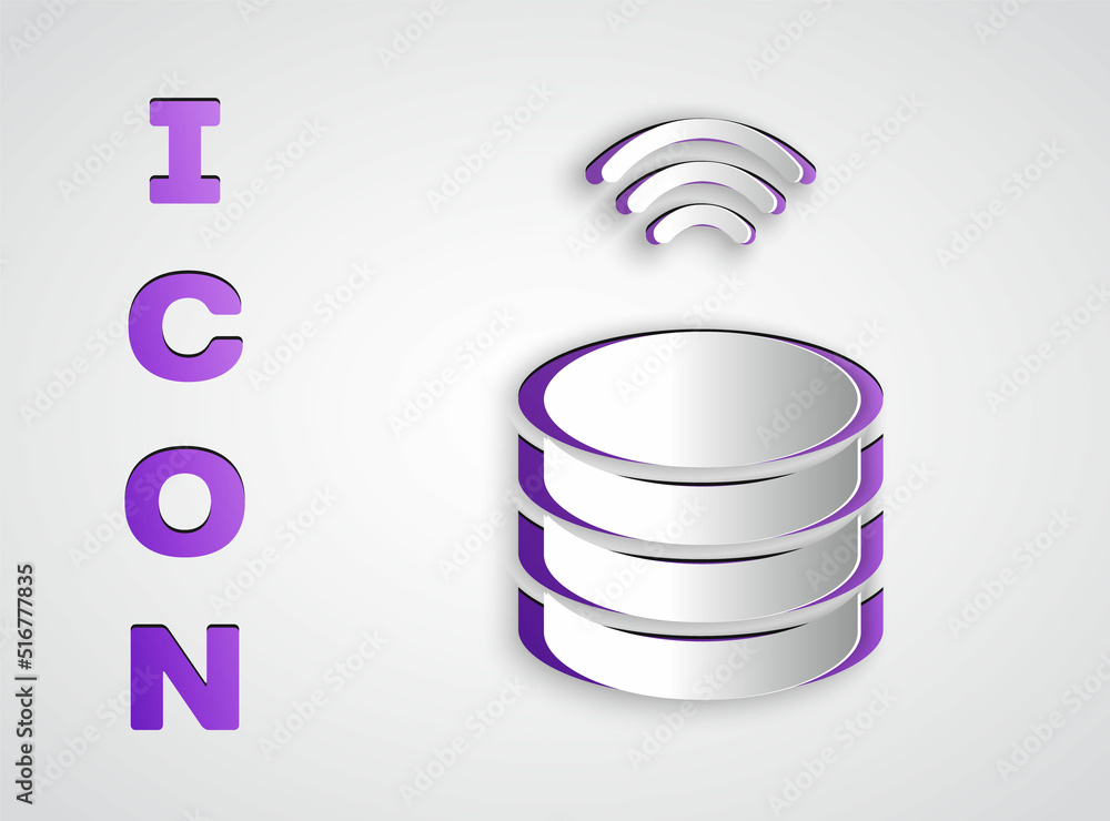 Poster paper cut smart server, data, web hosting icon isolated on grey background. internet of things conce