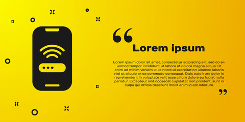 Black Smartphone with free wi-fi wireless connection icon isolated on yellow background. Wireless technology, wi-fi connection, wireless network. Vector