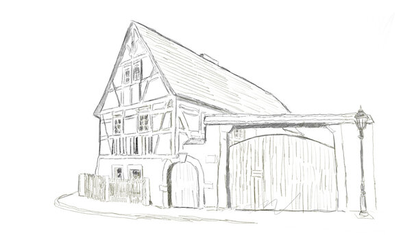 sketch of an old farmbuilding in Dresden, Saxony, germany