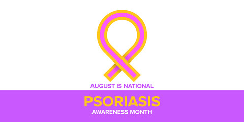 Psoriasis awareness month concept horizontal banner design template with yellow and violet ribbon and text. August is national Psoriasis awareness month vector flyer or poster background