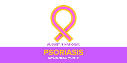 Obraz premium Psoriasis awareness month concept horizontal banner design template with yellow and violet ribbon and text. August is national Psoriasis awareness month vector flyer or poster background