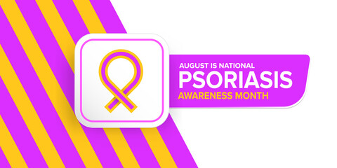 Psoriasis awareness month concept horizontal banner design template with yellow and violet ribbon and text. August is national Psoriasis awareness month vector flyer or poster background