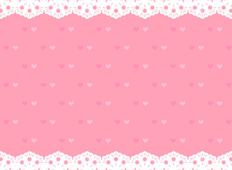 白いレースとピンクのハートのフレーム背景イラスト