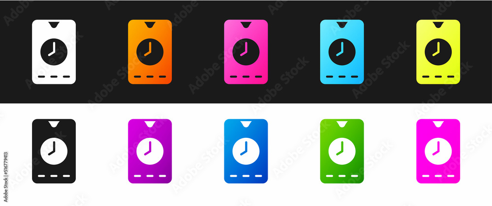 Poster set alarm clock app smartphone interface icon isolated on black and white background. vector