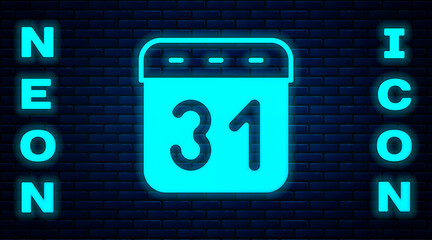 Glowing neon Calendar icon isolated on brick wall background. Event reminder symbol. Vector