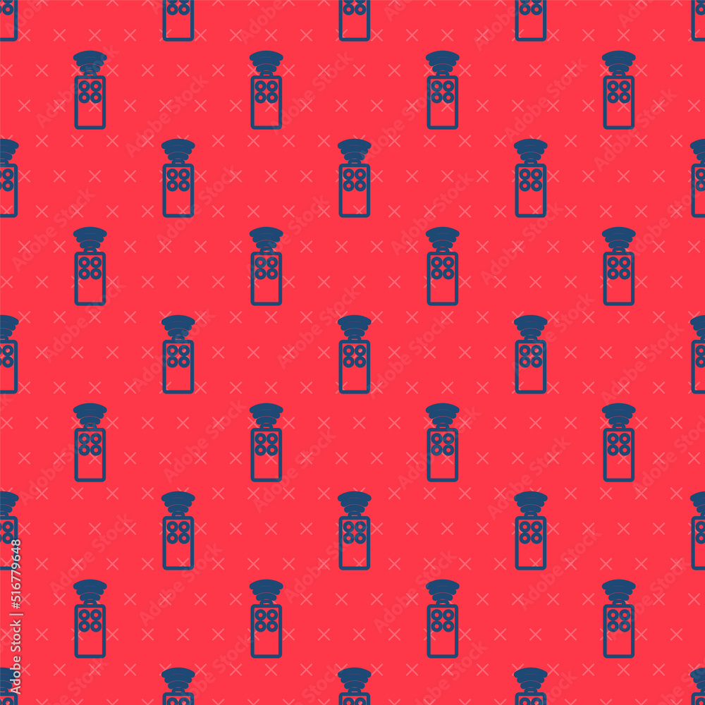 Poster blue line remote control for the camera icon isolated seamless pattern on red background. an auxilia