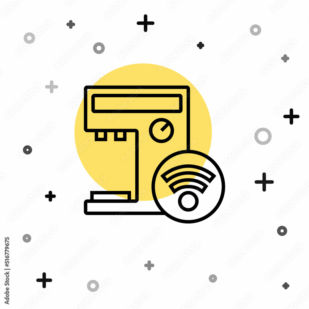 Poster black line smart coffee machine system icon isolated on white background. internet of things concept