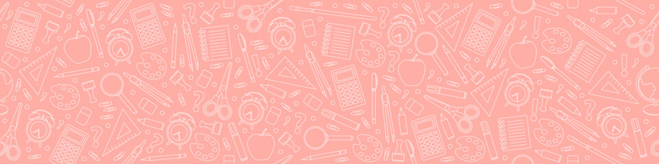 School background in peach color. Seamless background with drawings of various school subjects. Vector illustration. Pattern with doodles