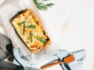 Freshly baked homemade vegetable pie on a sunny morning for breakfast