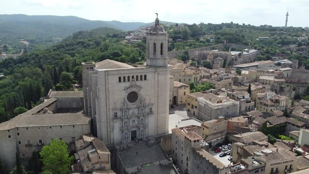 Girona Cathedral - Aerial view - travelling out