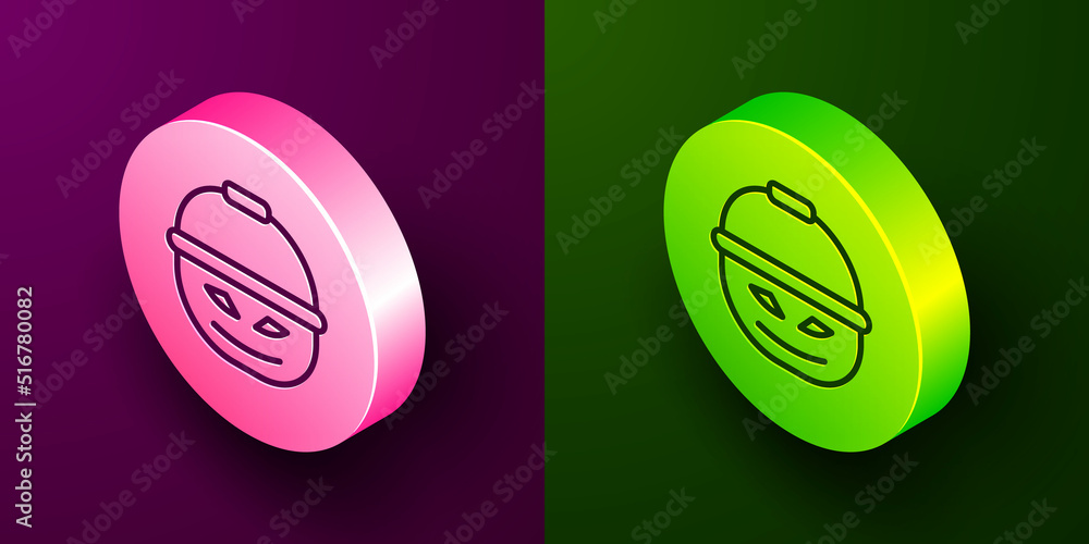 Wall mural isometric line pumpkin basket for sweets icon isolated on purple and green background. happy hallowe