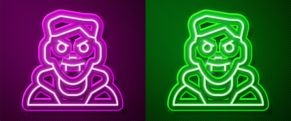 Glowing neon line Vampire icon isolated on purple and green background. Happy Halloween party. Vector