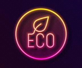 Glowing neon line Leaf Eco symbol icon isolated on black background. Banner, label, tag, logo, sticker for eco green. Vector