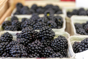 blackberries in bowls at a market stall