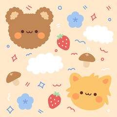 Fototapeta premium A set of cute illustrations with a bear cat mushrooms strawberry cloud and flowers 