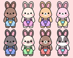 Cartoon bunny rabbits pets easter bunnies and plush little spring rabbit pet isolated set
