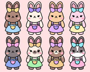 Cartoon bunny rabbits pets easter bunnies and plush little spring rabbit pet isolated set
