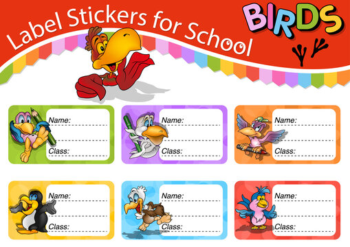 Set of School Labels with Cute Birds - Colorful Cartoon Illustrations Isolated on White Background, Vector