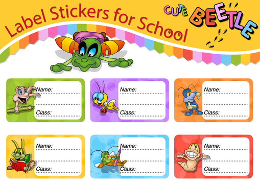 Set of School Labels with Cute Beetles - Colorful Cartoon Illustrations Isolated on White Background, Vector