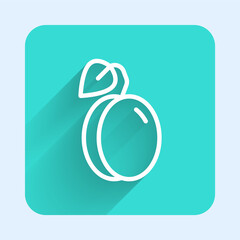 White line Plum fruit icon isolated with long shadow background. Green square button. Vector