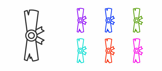 Black line Ancient papyrus scroll icon isolated on white background. Parchment paper. Ancient Egypt symbol. Set icons colorful. Vector