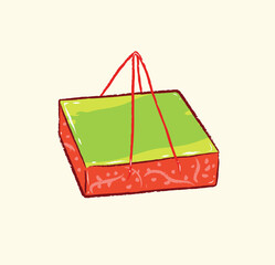 Big fresh green and red square gift box for visiting people in vector flat illustration art design